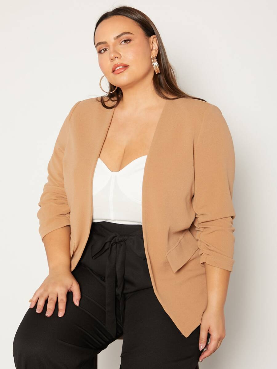 SHEIN Essnce 大碼素色抽褶袖西裝外套 - 杏色 - 查看 1
