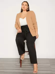 SHEIN Essnce 大碼素色抽褶袖西裝外套 - 杏色 - 查看 3