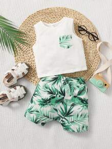 SHEIN Leap Crew 男嬰熱帶圖案補丁貼口袋背心上衣和短褲 - 彩色 - 查看 1