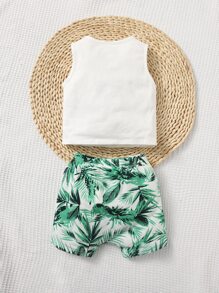 SHEIN Leap Crew 男嬰熱帶圖案補丁貼口袋背心上衣和短褲 - 彩色 - 查看 2