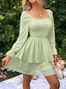 SHEIN Holidaya Square Neck Shirred Detail Dress - Green - View 5