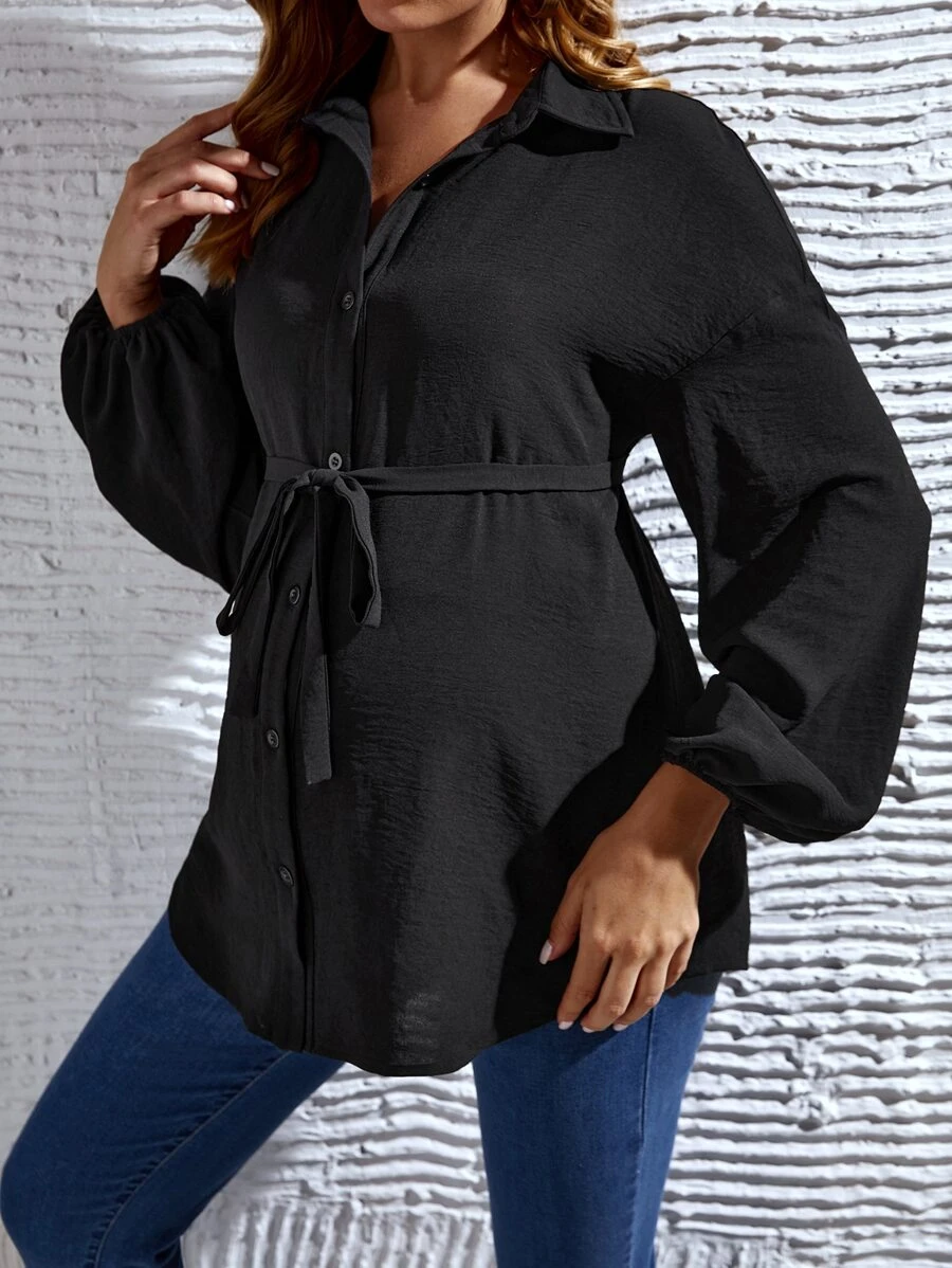 SHEIN Maternity Drop Shoulder Belted Shirt - Black - View 1
