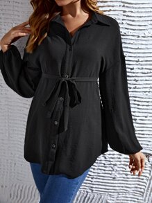 SHEIN Maternity Drop Shoulder Belted Shirt - Black - View 4