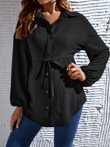 SHEIN Maternity Drop Shoulder Belted Shirt - Black - View 5