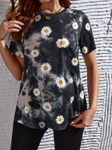 SHEIN Maternity Daisy Print Tie Dye Tee - Black - View 1