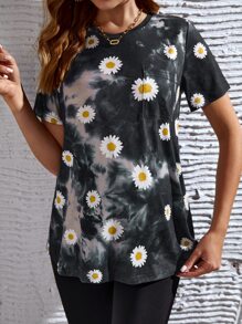 SHEIN Maternity Daisy Print Tie Dye Tee - Black - View 3