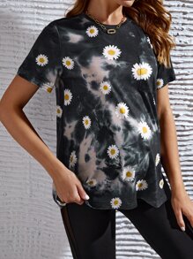 SHEIN Maternity Daisy Print Tie Dye Tee - Black - View 4