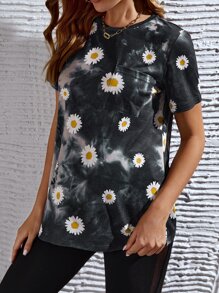 SHEIN Maternity Daisy Print Tie Dye Tee - Black - View 5