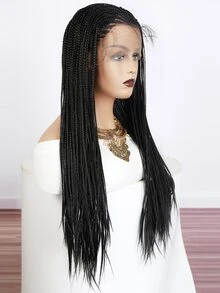 Lace Front Long Braided Synthetic Wig - Black - View 6