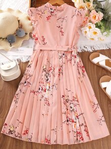 SHEIN Girls Floral Print Ruffle Trim Pleated Belted Dress - Pink - View 2