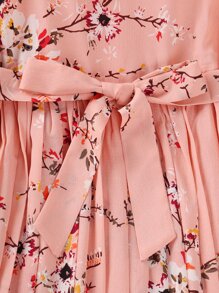 SHEIN Girls Floral Print Ruffle Trim Pleated Belted Dress - Pink - View 3