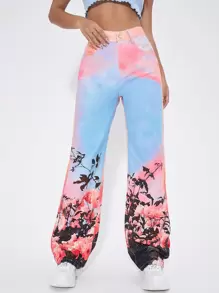 SHEIN ICON Floral Print High Waist Wide Leg Jeans - Multicolor - View 1