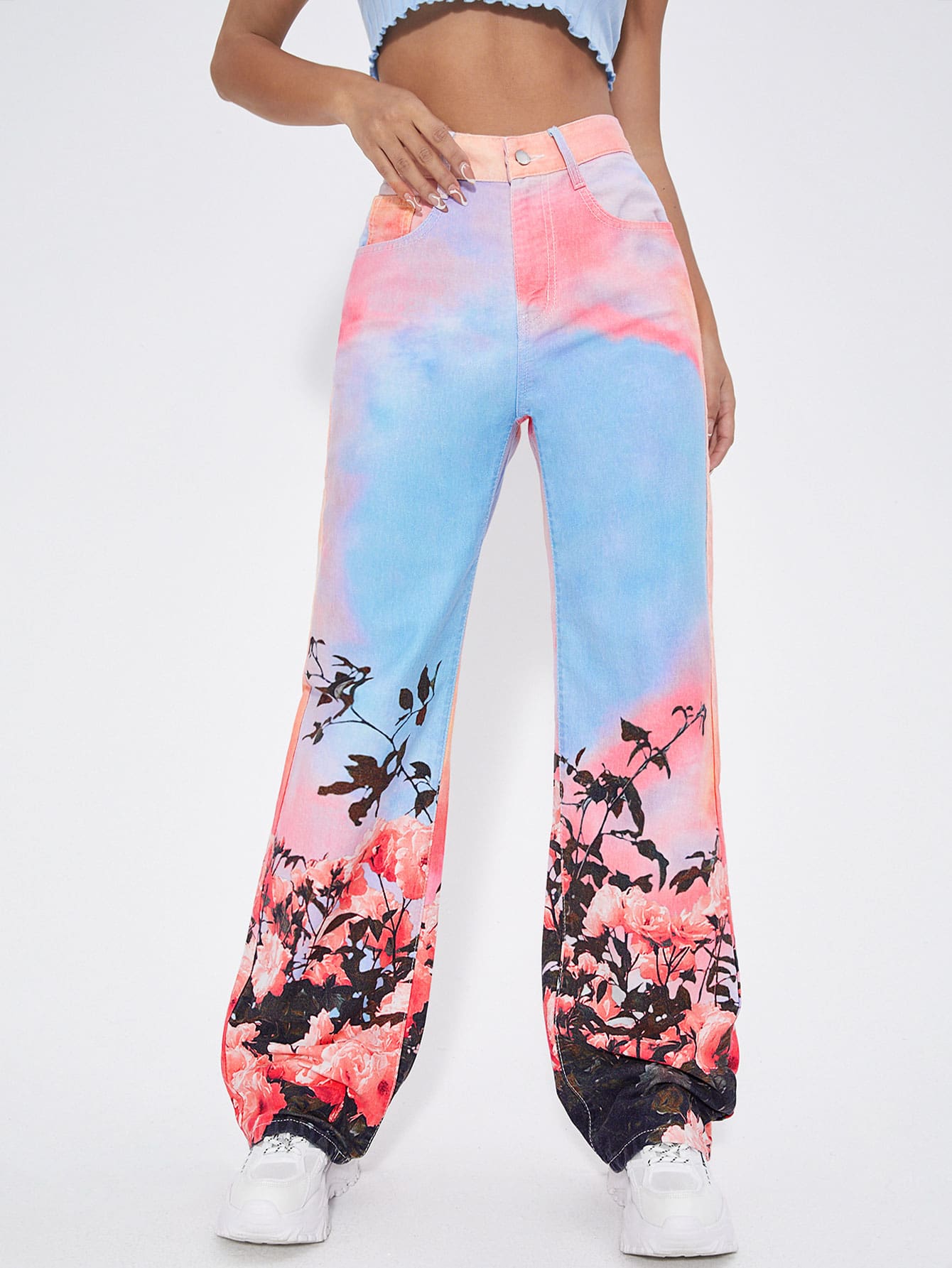 SHEIN ICON Floral Print High Waist Wide Leg Jeans - Multicolor - View 1
