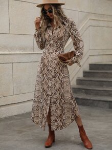 Breezaya Đầm Maxi In Hình Da Rắn Cài Nút Phía Trước Trang Phục Đi Biển Cho Nữ - Nhiều màu - Xem 4