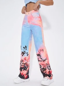 SHEIN ICON Floral Print High Waist Wide Leg Jeans - Multicolor - View 3