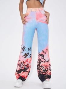 SHEIN ICON Floral Print High Waist Wide Leg Jeans - Multicolor - View 4
