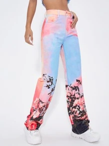 SHEIN ICON Floral Print High Waist Wide Leg Jeans - Multicolor - View 5