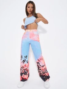 SHEIN ICON Floral Print High Waist Wide Leg Jeans - Multicolor - View 6