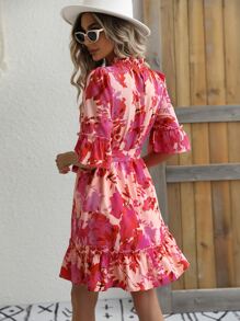 Floral Print Flounce Sleeve Ruffle Hem Belted Dress - Multicolor - View 2