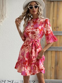 Floral Print Flounce Sleeve Ruffle Hem Belted Dress - Multicolor - View 5