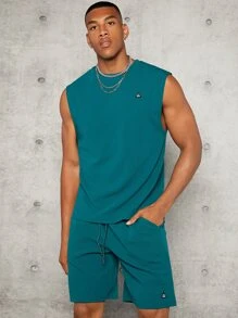 Manfinity Men Patched Detail Tank Top & Drawstring Waist Slant Pocket Shorts Set - Teal Blue - View 1