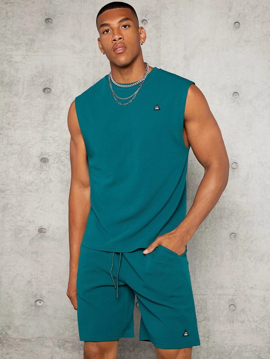 Manfinity Men Patched Detail Tank Top & Drawstring Waist Slant Pocket Shorts Set - Teal Blue - View 1