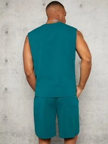 Manfinity Men Patched Detail Tank Top & Drawstring Waist Slant Pocket Shorts Set - Teal Blue - View 2