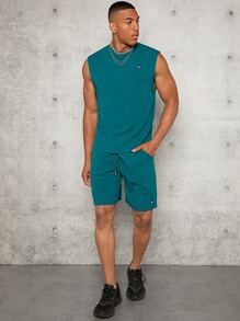 Manfinity Men Patched Detail Tank Top & Drawstring Waist Slant Pocket Shorts Set - Teal Blue - View 3