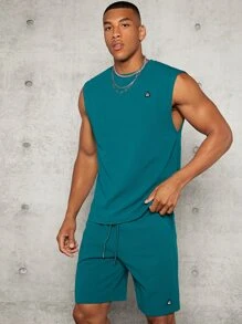 Manfinity Men Patched Detail Tank Top & Drawstring Waist Slant Pocket Shorts Set - Teal Blue - View 4