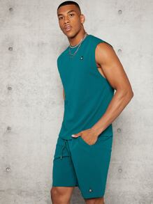 Manfinity Men Patched Detail Tank Top & Drawstring Waist Slant Pocket Shorts Set - Teal Blue - View 5