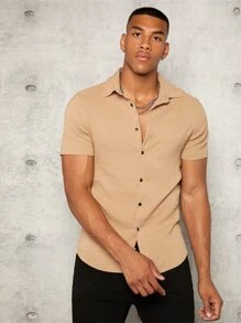 AXEPEAK Camisa de hombre de botones frontales de un solo color, camisa de manga corta de cuello liso color caqui, esencial de ropa urbana