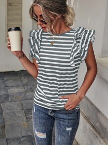 SHEIN LUNE Striped Butterfly Sleeve Tee - Multicolor - View 1