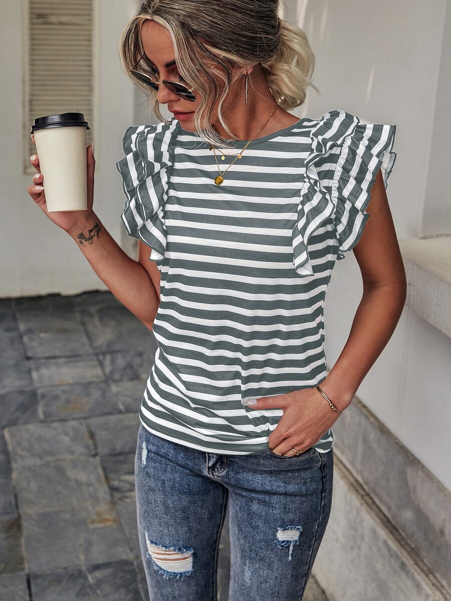 SHEIN LUNE Striped Butterfly Sleeve Tee - Multicolor - View 1