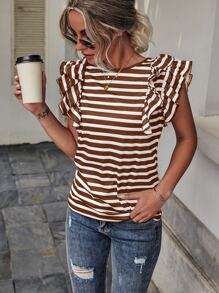 SHEIN LUNE Striped Butterfly Sleeve Tee - Multicolor - View 1