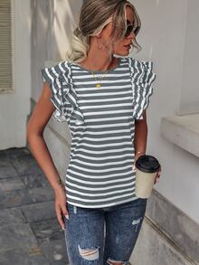 SHEIN LUNE Striped Butterfly Sleeve Tee - Multicolor - View 3