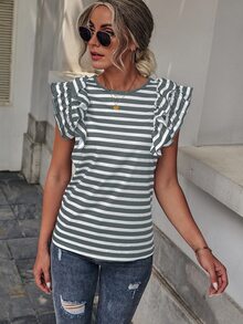 SHEIN LUNE Striped Butterfly Sleeve Tee - Multicolor - View 5