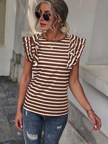 SHEIN LUNE Striped Butterfly Sleeve Tee - Multicolor - View 6