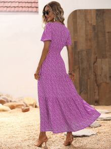 SHEIN VCAY Ditsy Floral Print Shirred Waist Ruffle Hem Dress - Purple - View 2