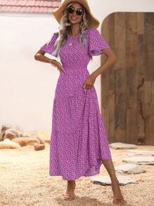 SHEIN VCAY Ditsy Floral Print Shirred Waist Ruffle Hem Dress - Purple - View 3