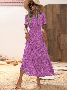 SHEIN VCAY Ditsy Floral Print Shirred Waist Ruffle Hem Dress - Purple - View 5