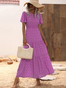 SHEIN VCAY Ditsy Floral Print Shirred Waist Ruffle Hem Dress - Purple - View 6