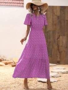 SHEIN VCAY Ditsy Floral Print Shirred Waist Ruffle Hem Dress - Purple - View 7