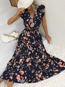 SHEIN VCAY Floral Print Butterfly Sleeve Ruffle Hem Belted Dress - Multicolor - View 1