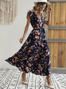SHEIN VCAY Floral Print Butterfly Sleeve Ruffle Hem Belted Dress - Multicolor - View 3