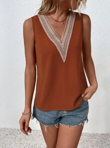 SHEIN LUNE Guipure Lace Panel Blouse - Rust Brown - View 3