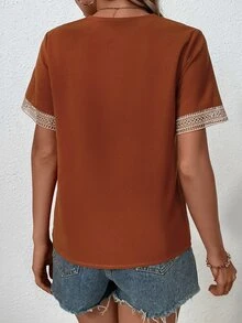 SHEIN LUNE Contrast Guipure Lace Blouse - Rust Brown - View 2