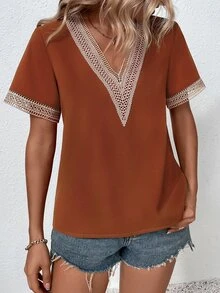 SHEIN LUNE Contrast Guipure Lace Blouse - Rust Brown - View 3