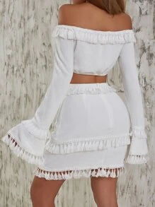 Chiquease Off Shoulder Tassel Trim Flounce Sleeve Top & Skirt Set - White - View 2