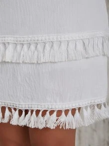 Chiquease Off Shoulder Tassel Trim Flounce Sleeve Top & Skirt Set - White - View 3