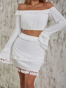 Chiquease Off Shoulder Tassel Trim Flounce Sleeve Top & Skirt Set - White - View 4
